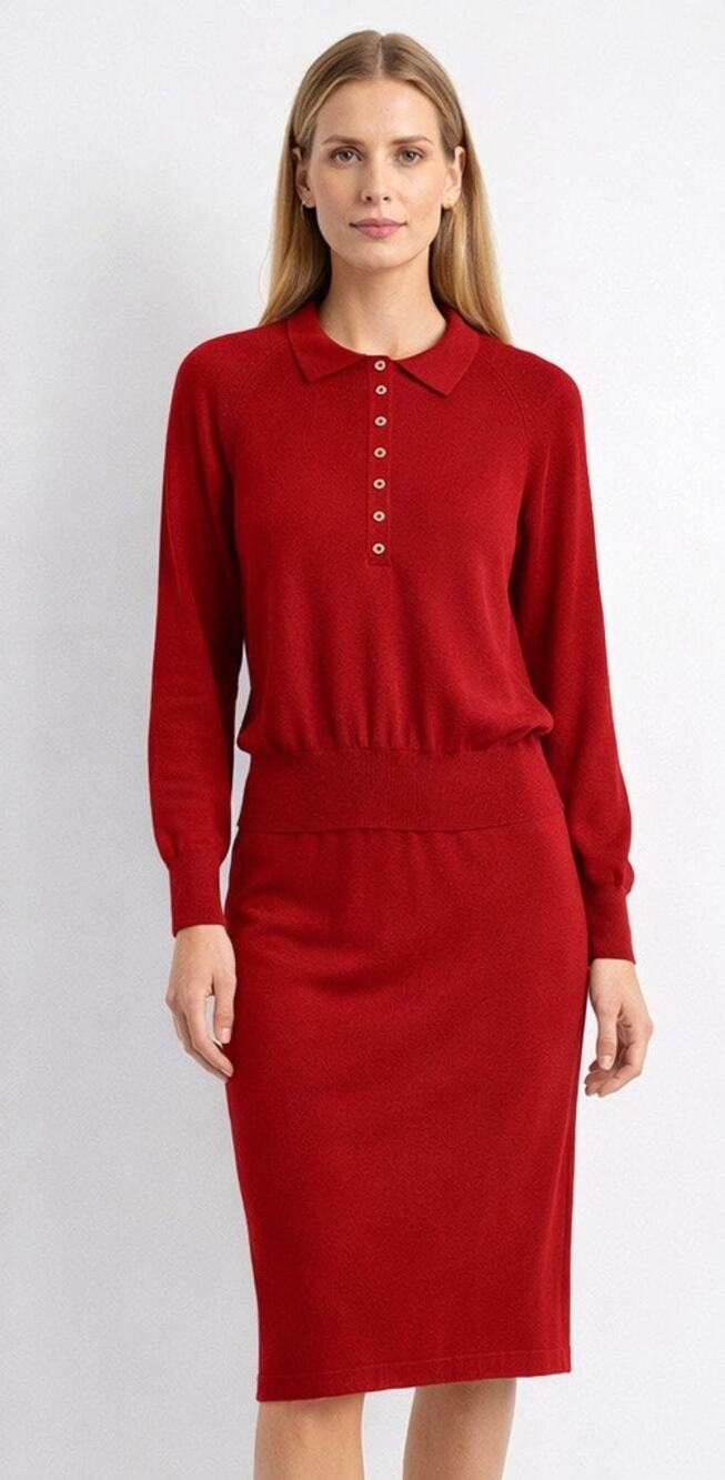 Vintage 1990s Geoffrey Beene Red Cotton Knit Sweater & Skirt Set USA made XS